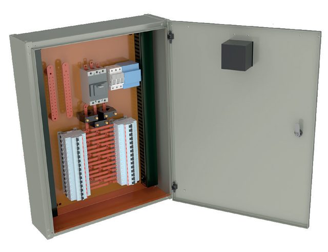Quadro Bimbo de porta única aberto, com disjuntores modulares montados em placa laranja