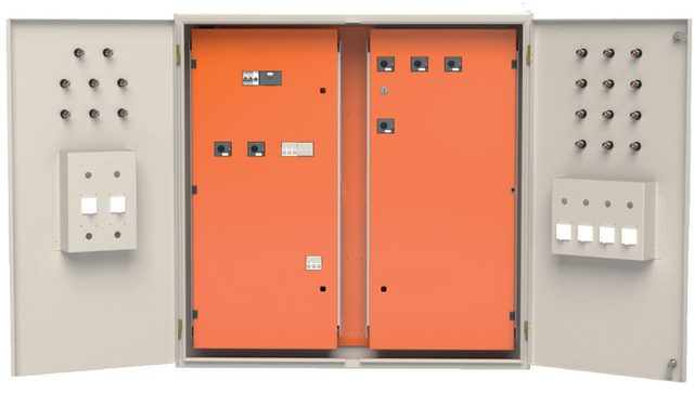 Vista frontal do quadro Bimbo aberto com espelhos de proteção laranja e sinalizadores nas portas