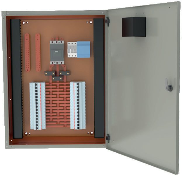 Quadro Bimbo de porta única aberto com barramento e disjuntores em placa de montagem