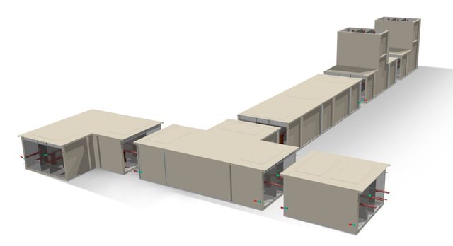Render de uma linha BX-MT de fases segregadas com curvas e elementos terminais