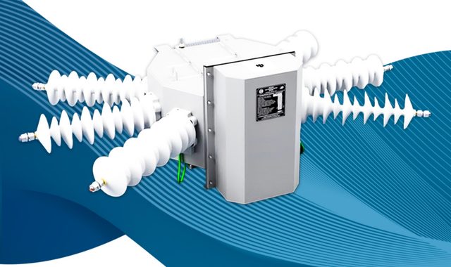 Seccionadora ESG Matic para uso externo, vista em perspectiva com isoladores e caixa do mecanismo