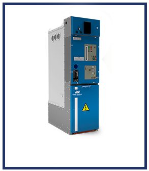 Cubículo GB-RING SF6 FREE em gabinete azul e inox, vista frontal em perspectiva