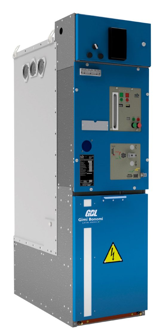 Cubículo GB-RING SF6 FREE, painel frontal azul com mecanismo de comando e porta do compartimento de cabos