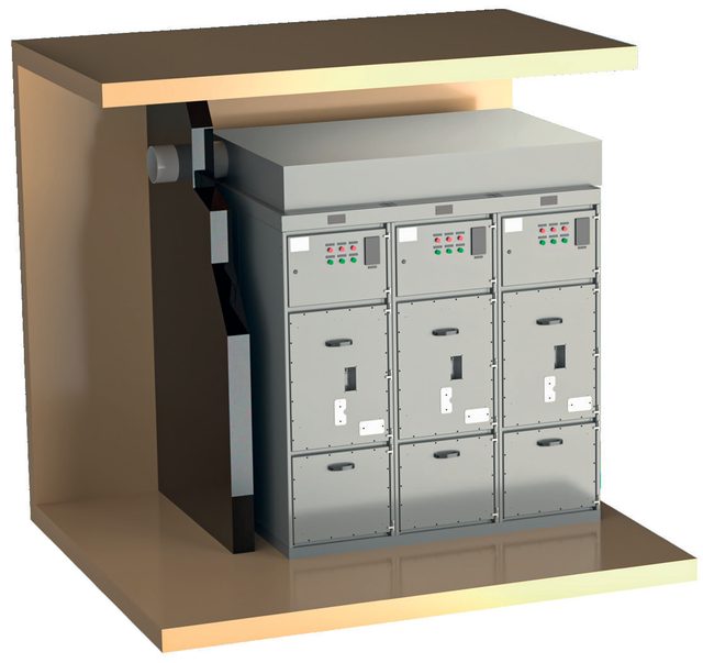 Render de cubículos Maggiore instalados em sala com conduto de saída de gases para cima