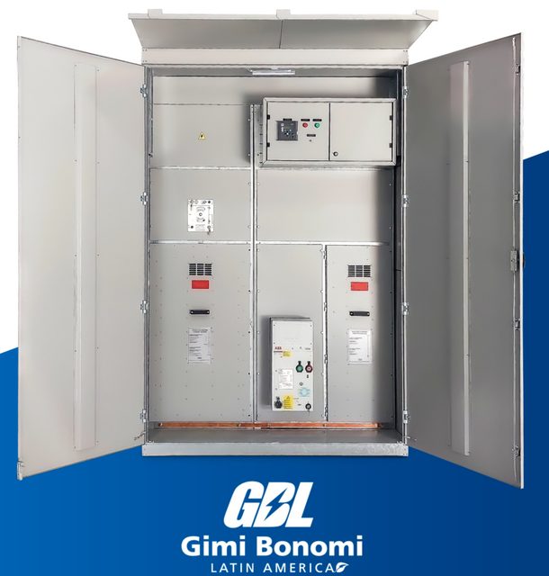 Cubículo Microcompact 36 kV com portas abertas mostrando o interior e a aparelhagem de manobra (rodapé com logotipo GBL no recorte)