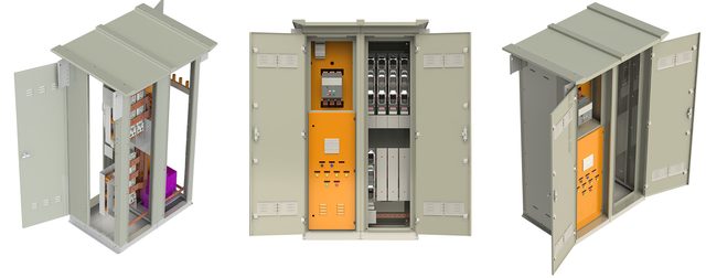 Três renders de painéis NoTTabile para instalação ao tempo, com teto de proteção e portas abertas